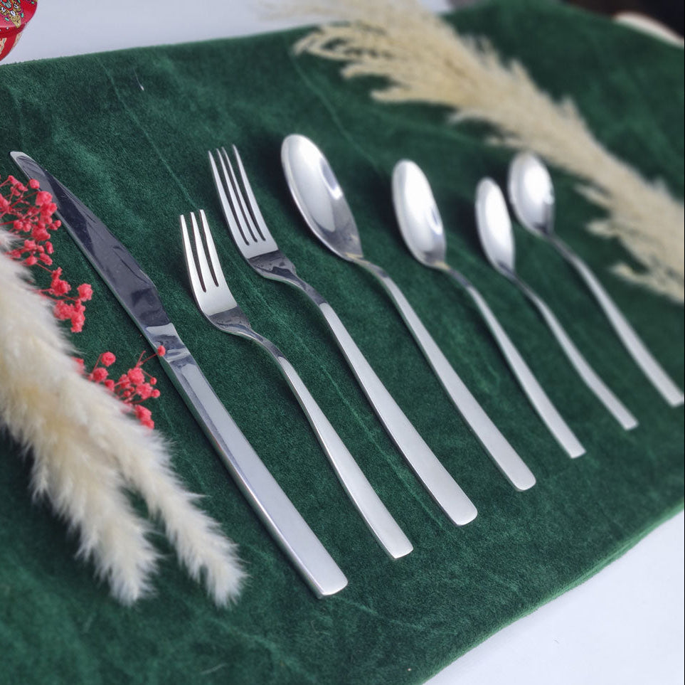 Set of stainless steel silver cutlery spoons, fork and knife
