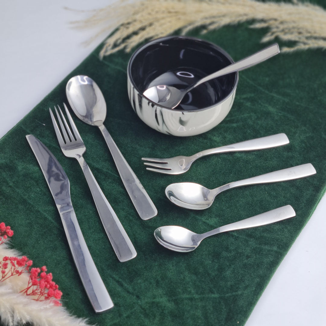 Set of stainless steel silver cutlery spoons, fork and knife