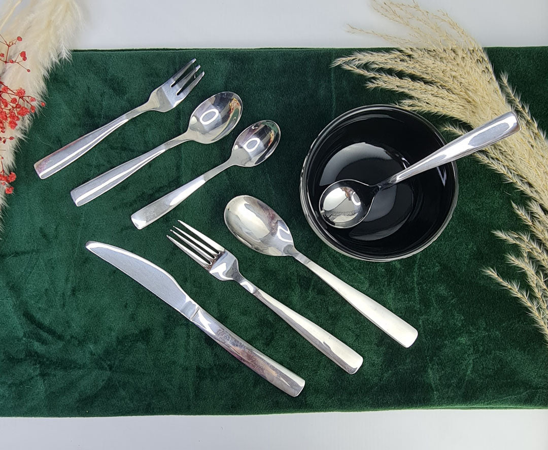 Set of stainless steel silver cutlery spoons, fork and knife