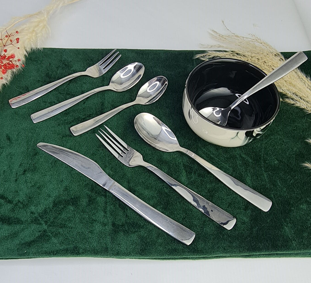 Set of stainless steel silver cutlery spoons, fork and knife